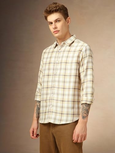 Dennis Lingo Men Relaxed Fit Cotton Full Sleeves Checks Casual Shirts Beige