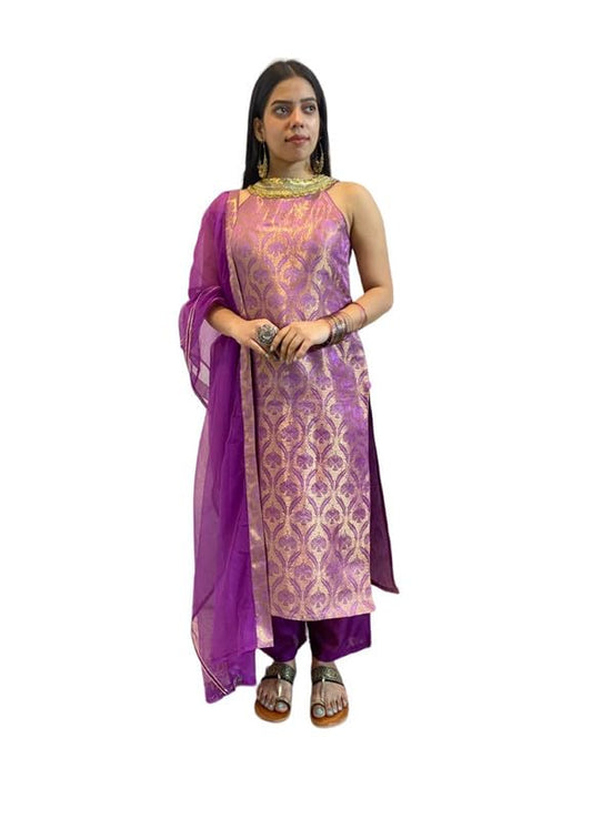Varanga Women Mauve and Gold Halter Neck Brocade Straight Kurta with Straight Trouser and Double Layer Ruffle Dupatta.
