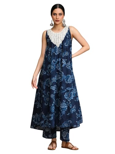 Varanga Floral Printed Mirror & Thread Embroidered Yoke Anarkali Kurta With Trouser