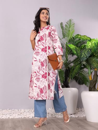 Varanga Women Bold Floral Printed Cotton Flex Kurta  Comfortable And Versatile For Everyday Looks Off White