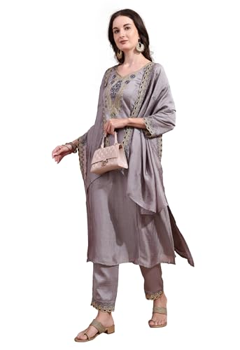 Pratham Blue WomenS Silk Embroidered Straight Kurta Palazzos With Dupatta |Kurta Set For Women |Women Kurta |Women Embroidered