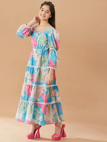 Pspeaches Girls Floral Printed Fit And Flare Tiered Cotton Maxi Dress