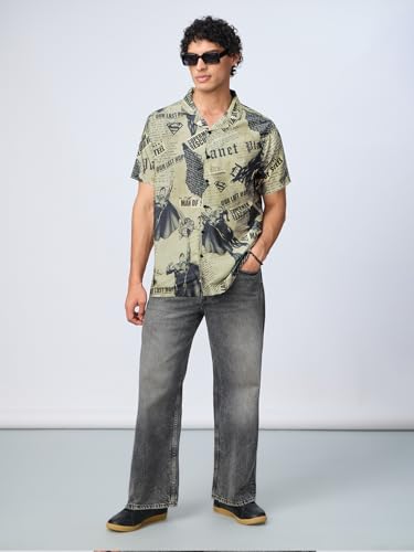 The Souled Store Superman: Its in The News Men and Boys Short Sleeves Collared Neck Button Front Grey All Over Printed Regular