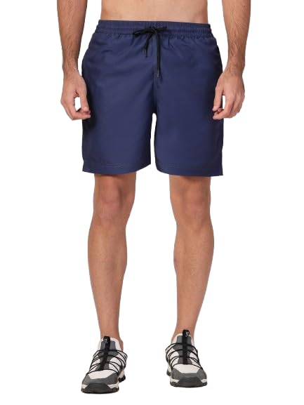 Style Quotient Men Navy Solid Polyester Regular Swim Shorts