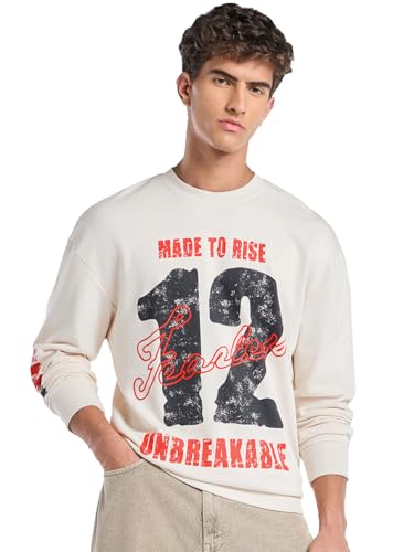 Bewakoof MenS Typography Oversized Fit Full Sleeve Round Neck Cotton Poly Sweatshirt_690816_Beige_Xl