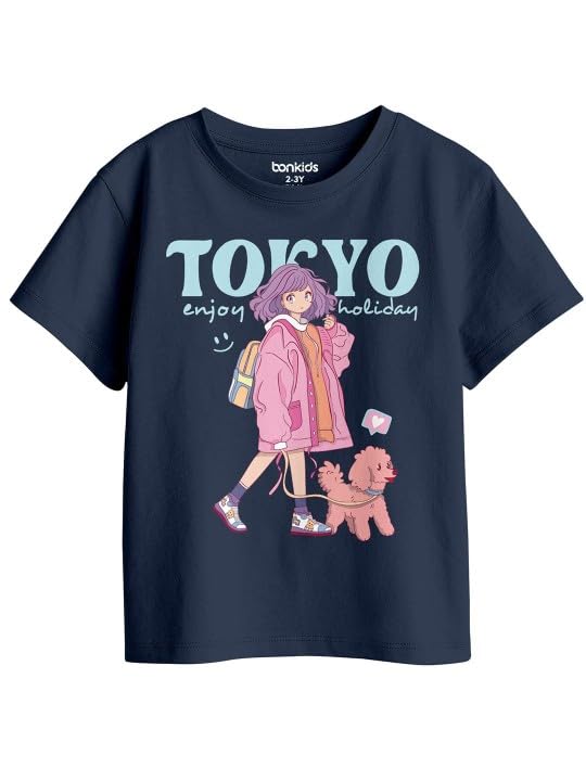 Bon Organik Girls Regular Fit T-Shirt (BON16030_Dark Blue