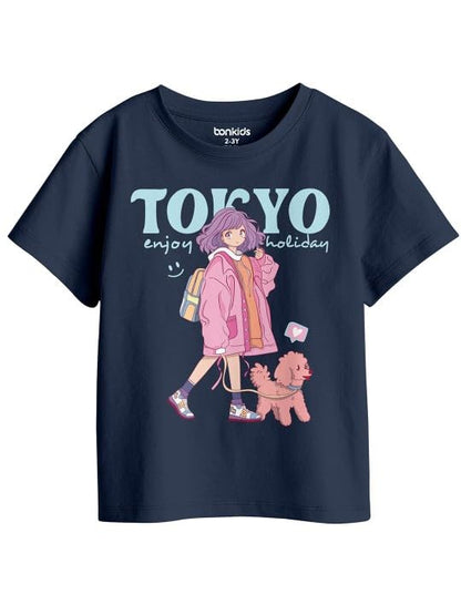 Bon Organik Girls Regular Fit T-Shirt (BON16030_Dark Blue