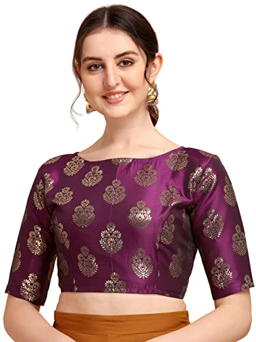 Oomph! WomenS Indian Ethnic Wear Designer Floral Pattern Zari Work Boat Neck Half Sleeve Readymade Non - Padded Blouse For Sare