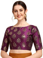 Oomph! WomenS Indian Ethnic Wear Designer Floral Pattern Zari Work Boat Neck Half Sleeve Readymade Non - Padded Blouse For Sare
