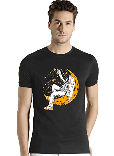 ADRO Astronaut Graphic Design Mens Printed T-Shirts (RNR-M-Moon-BL_Black_XL)