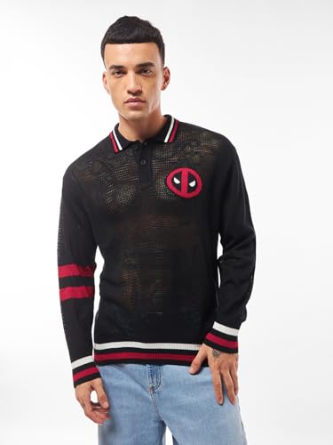 Bewakoof Air 1.0 Official Marvel Merchandise Deadpool Mens Typography Oversized Fit Full Sleeve Polo Neck Cotton Sweater_644526