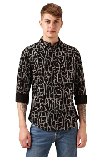 Dennis Lingo Men Black 100% Cotton Full Sleeve Spread Collar Printed Shirts