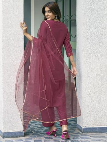 Sanisa WomenS Chinnon Sequence Embroidery Work Straight Kurta With Pant And Dupatta Set| Ethnic Set | Suit Set | Kurta Set(168K