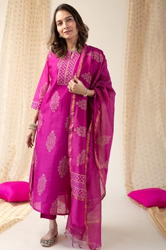 GoSriKi Ladies Viscose Printed Kurta with Pants & Dupatta, 4XL, Pink, Model MANGAI PINK-GS