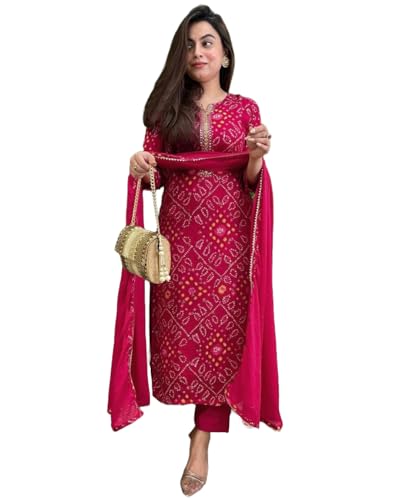 GoSriKi Womens Rayon Blend Straight Printed Kurta with Pant & Dupatta (TURAE Rani-GS_S_Pink_Small)
