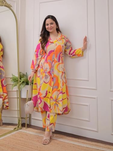 Leriya Fashion Women's Co-ord Set, Elegant Kurta 3/4 Sleeve, Size 46, Multicolored, Model LF-W2091&TR1051