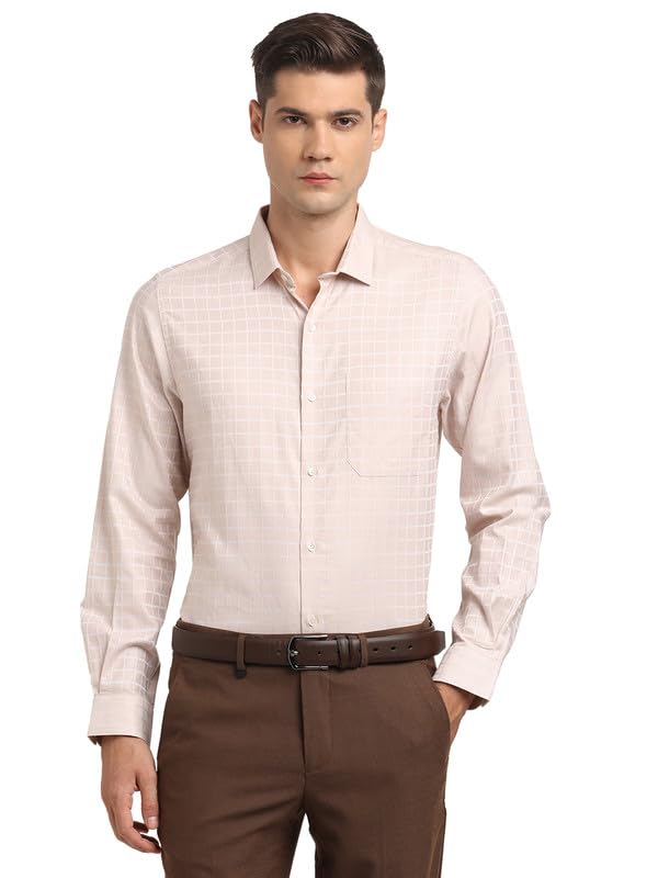 Turtle Men Giza Cotton Slim Fit Cream Check Full Sleeve Formal Shirt