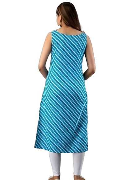 Patlani WomenS A-Line-Calf Langth Sleeveless Crepe Kurti. Blue