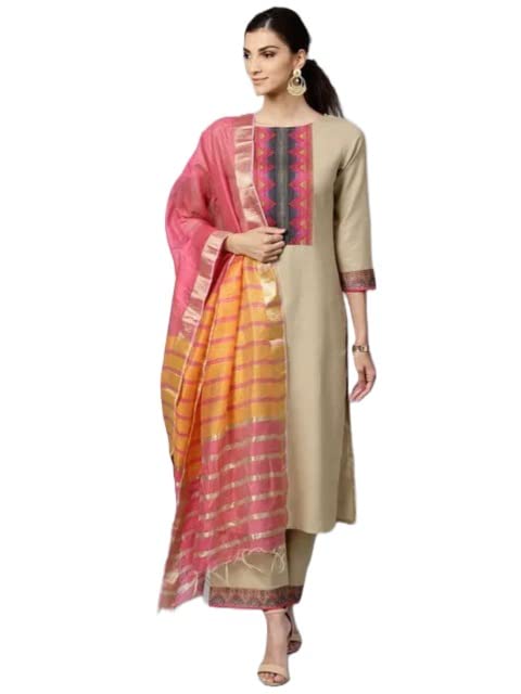 ANNI DESIGNER Women's Cotton Straight Solid Kurta with Pant & Dupatta (My Hit-Beige-Jan10_XL_Beige_X-Large)