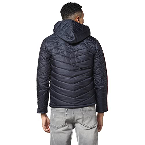 Campus Sutra Mens Indigo Blue Solid Quilted Puffer Regular Fit Bomber Jacket For Winter Wear | Hooded Collar | Full Sleeve | Zi