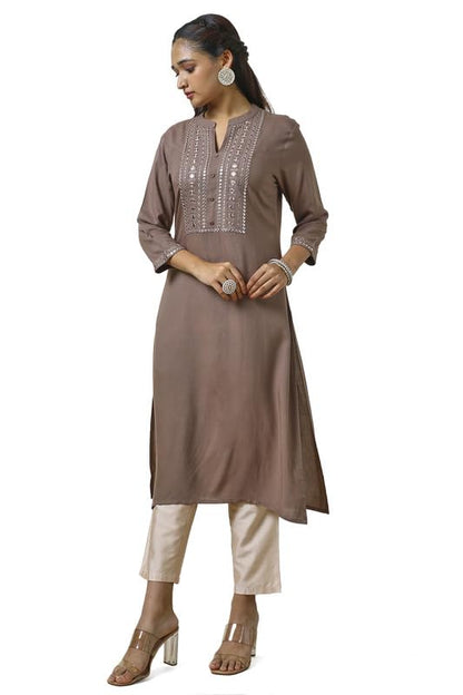 Soch Womens Earth Rayon Embroidered Kurta with Faux Mirror