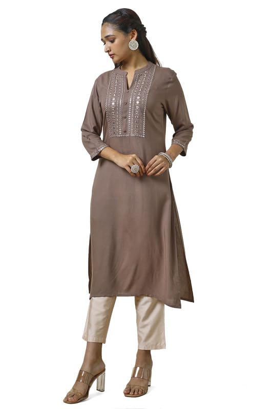 Soch Womens Earth Rayon Embroidered Kurta with Faux Mirror