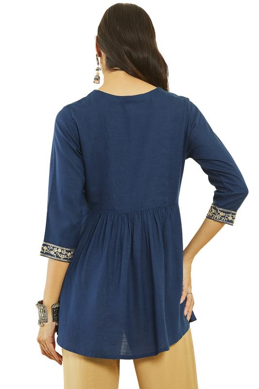 Soch Womens Teal Rayon Slub Floral Embroidered Tunic with Sequin Embellishments