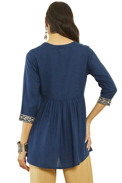 Soch Womens Teal Rayon Slub Floral Embroidered Tunic with Sequin Embellishments