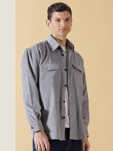 Thomas Scott Mens | Full Sleeve | Corduroy | Double Pockets | Relaxed Fit | 100% Cotton | Spread Collar | Casual | Shirts (Grey_
