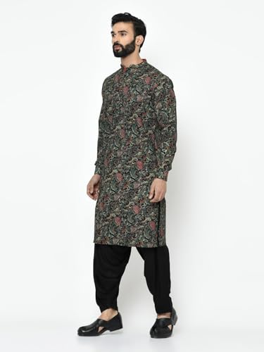 Kisah Men Black Green Ethnic Motifs Embroidered Kurta With Pyjamas, Full Sleaves, Knee Length, Straight, Regular Fit, Mandarin C