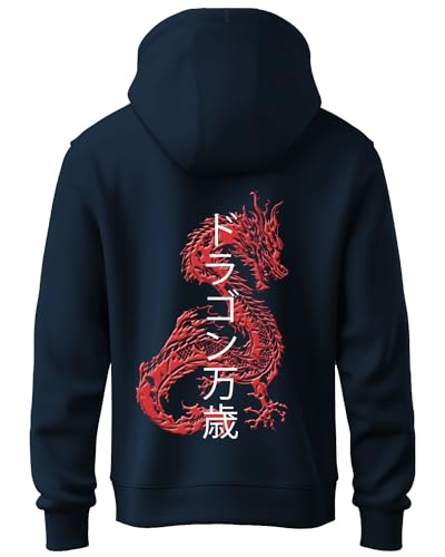 ADRO Mens Hoodies with Hail The Dragon Puff Backside Printed, 100% Cotton 340GSM. (H23-M-DRA-NB_Navy_XL)