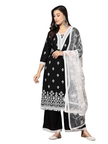 Stylum WomenS Black Ethnic Printed Rayon A-Line Kurta Palazzo Dupatta Set