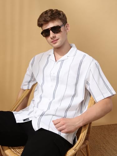 Dennis Lingo Men White Stripes Half Sleeves Relaxed Fit Shirts