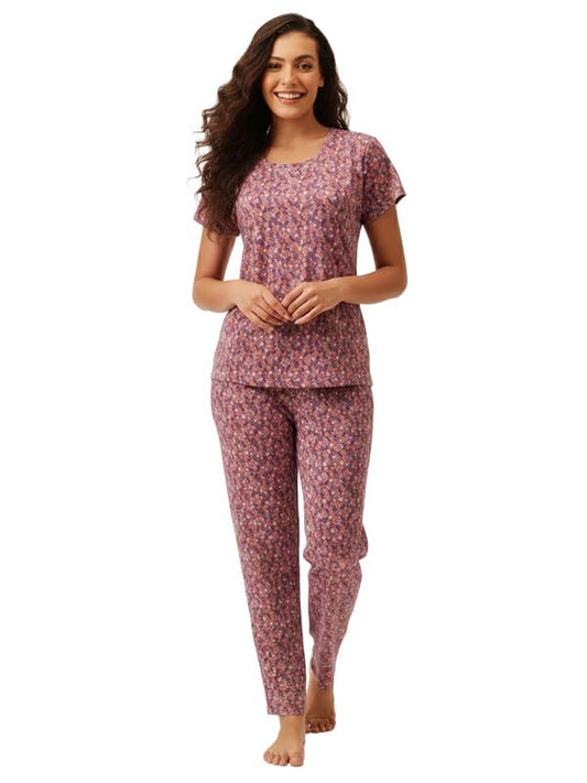 Clovia Womens Floral Top & Pyjama Set (LS0743A12_Purple_XXL)