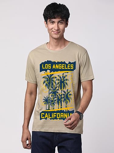ADRO LA Surfers California Printed T-Shirt for Men - 100% Cotton, Regular Fit, Soft Breathable Fabric. (RN23-M-SRF-BE_Beige)