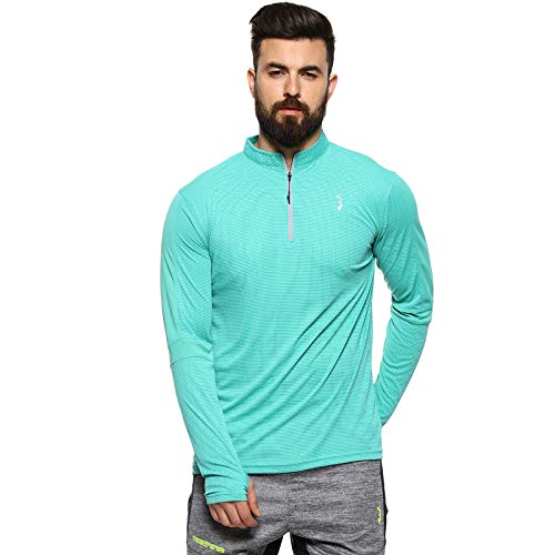 Campus Sutra Mens Mint Green Basic Activewear T-Shirt for Casual Wear | Mock Neck | Long Sleeve | Half-Zipper Closure | Polyest