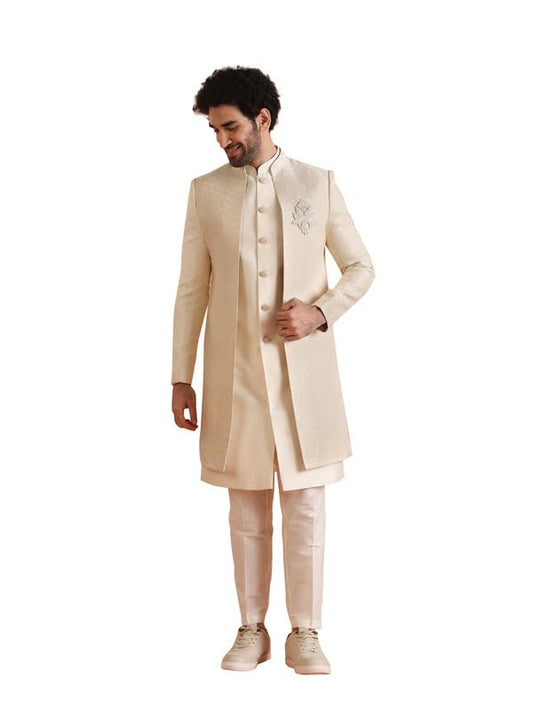 Kisah Mens Jacket Sherwani Trouser Set|Silk Blend Fabric Jacquard Pattern Indo-Western Ethnic Set For Men|Regular Fit Mandarin C