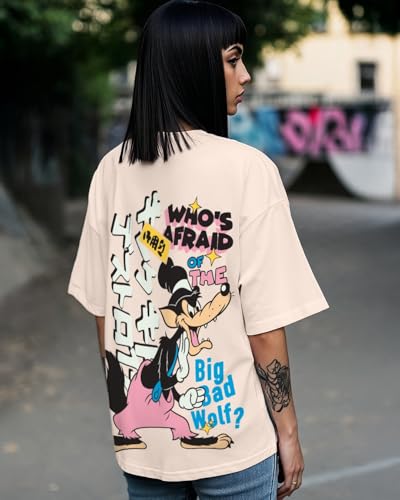 Bewakoof Official Disney Merchandise Womens Graphic Printed Oversized Fit Half Sleeve Round Neck Cotton Jersey T-Shirt_ 624622