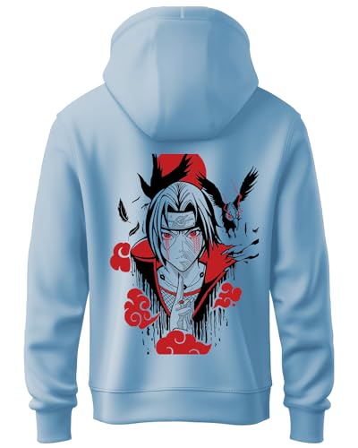 ADRO Mens Hoodies with Itachi Uchiha Anime Backside Printed, 100% Cotton 340GSM. (H23-M-ITA-SK_SkyBlue_XL)