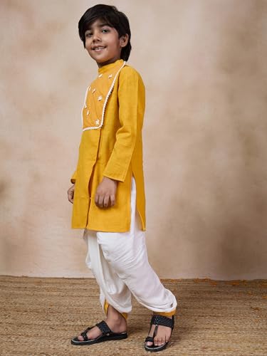 Pspeaches Boys Mandarin Collar Floral Yoke Design Regular Thread Work Kurta With Dhoti Pants (12-14Years)