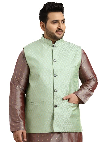 SOJANYA Plus (Since 1958), Men's Jacquard Silk Pista Green Self Design ONLY Nehrujacket-46