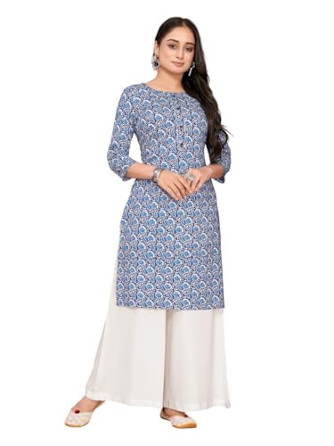 rangita Blue Rayon Straight Printed Knee Length Kurti | Kurta for Women