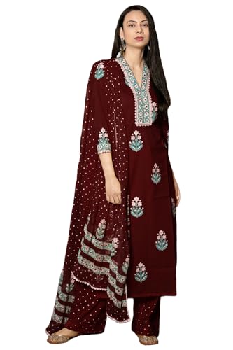 GoSriKi Womens Rayon Viscose Printed Straight Kurta with Pant & Dupatta (Belagavi Wine-GS_M_Wine_Medium)