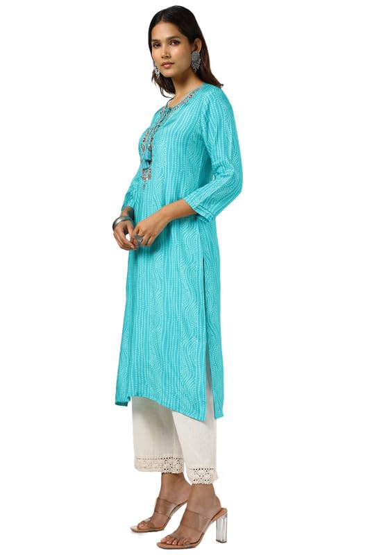 Soch Womens Turquoise Blue Viscose Muslin Bandhani Print Kurta with Sequins