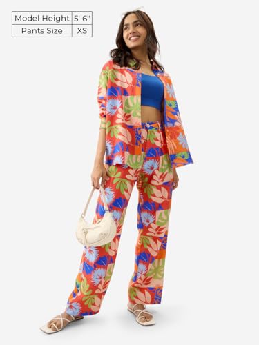The Souled Store Leafy Charm Women and Girls Multicolor All Over Printed Viscose Straight Fit Pants Loose Fit Wide Pants for Eve