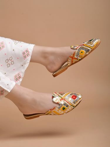 Shoetopia WomenS Multicolor Embroidered Traditional Slip-On Mules  Ethnic Jutti Style Flats With Mirror Work, Gold Base