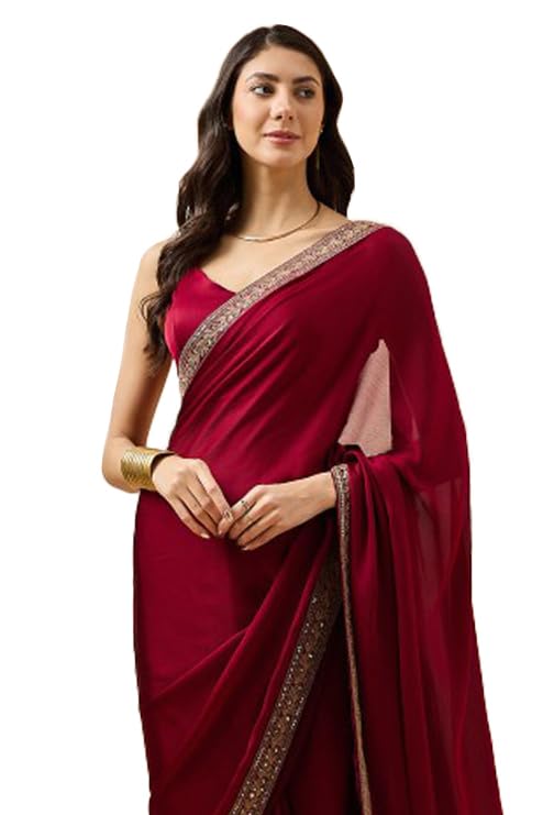 Cb-Colebrook Women'S Soft Satin Saree With Embroidered Sequin Border With Blouse Piece, Traditional Indian Ethnic Wear, Party, W