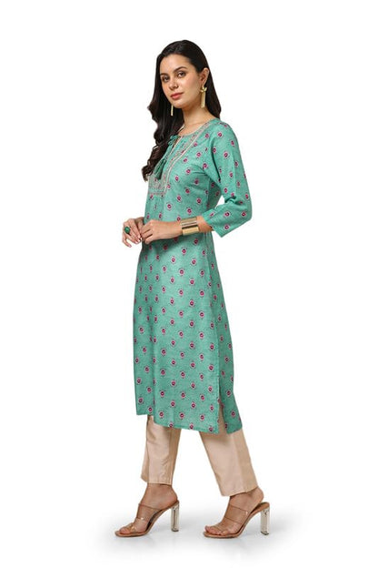 Soch Womens Green Muslin Blend Floral Print Kurta