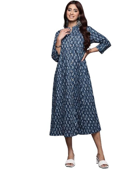 Varanga Women Blue Ethnic Motif Printed A-Line Dress