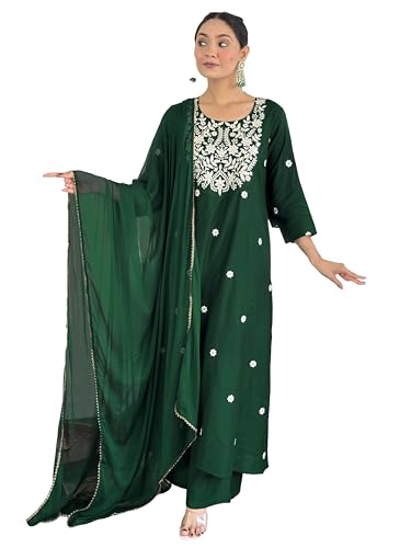 Gosriki WomenS Viscose Silk Embroidery Straight Kurta Pant With Dupatta (Nagasri Green-Gs_L_Green_Large)